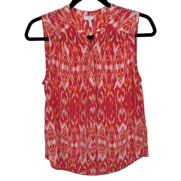 Joie Finnegan Ikat Pure Silk Pink Orange Button Up Sleeveless Tank Top Blouse XS - Picture 2 of 7